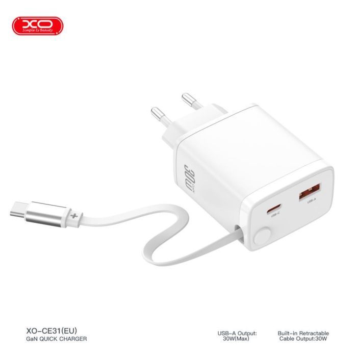 Зарядний пристрій XO 1xUSB-C + 1xUSB QC30W GaN + cable USB-C to USB-C white (XO-CE31) зображення 5 Зарядний пристрій XO 1xUSB-C + 1xUSB QC30W GaN + cable USB-C to USB-C white (XO-CE31) зображення 5