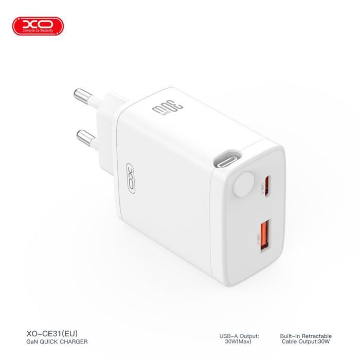 Зарядний пристрій XO 1xUSB-C + 1xUSB QC30W GaN + cable USB-C to USB-C white (XO-CE31) зображення 6 Зарядний пристрій XO 1xUSB-C + 1xUSB QC30W GaN + cable USB-C to USB-C white (XO-CE31) зображення 6