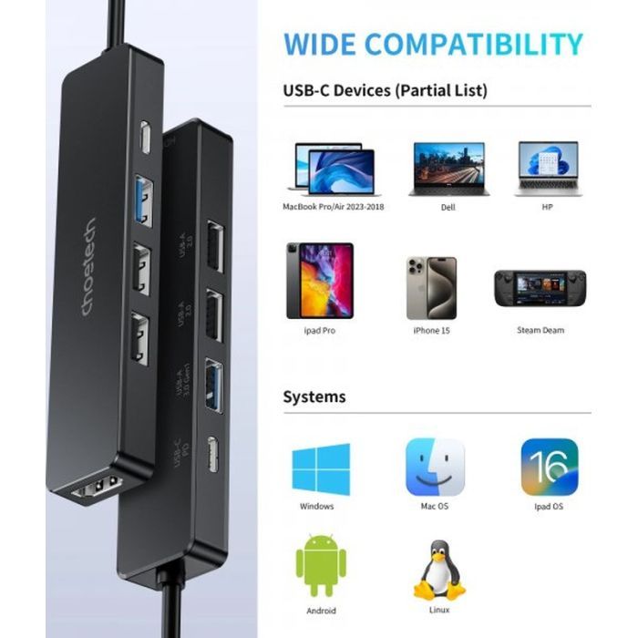 Порт-репликатор Choetech Dock-Station USB-C 5-in-1 (HDMI/PD/USB-A/USB-C) (HUB-M80-BK) изображение 4