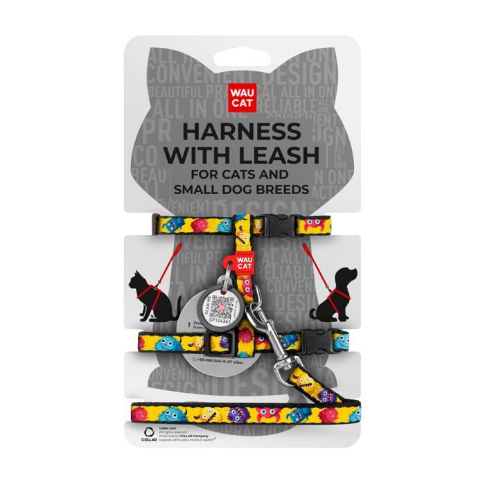 Шлей для кошек Waucat Nylon с QR паспортом "Мохнатые монстры" пластиковый фастекс (329-4050)