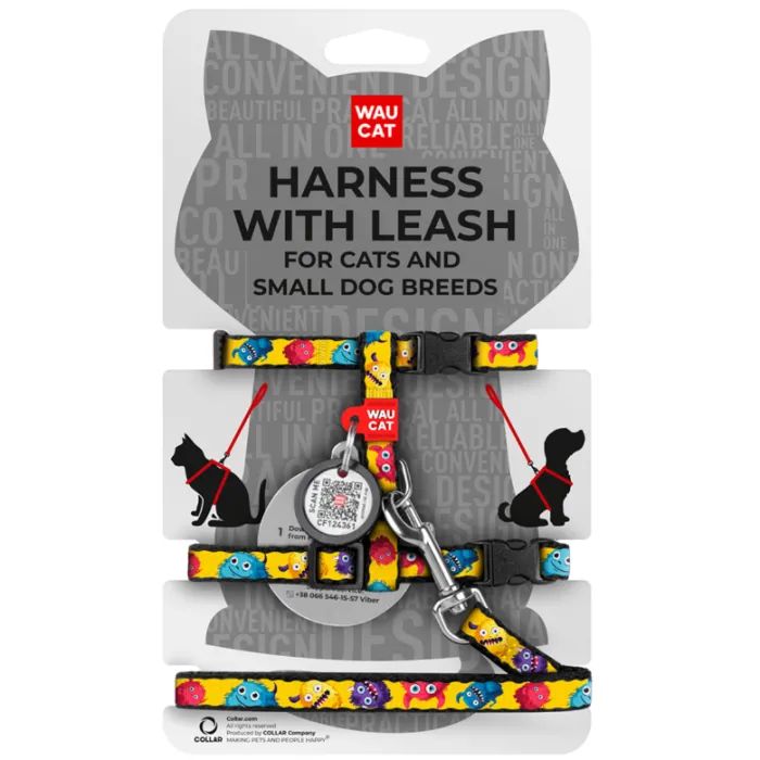 Шлей для кошек Waucat Nylon с QR паспортом "Мохнатые монстры" пластиковый фастекс (329-4050)
