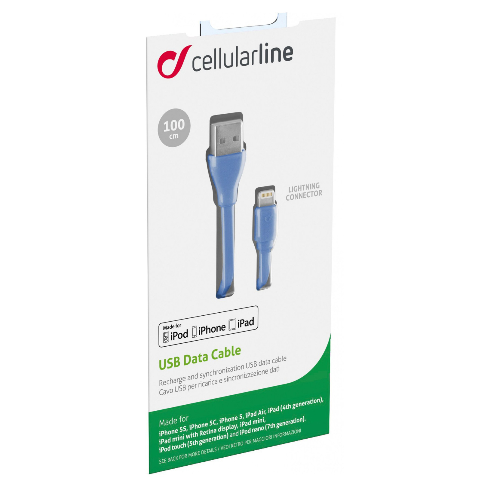 Дата кабель USB 2.0 AM to Lightning 1.0m green Cellularline (USBDATACFLMFIIPH5G) изображение 3
