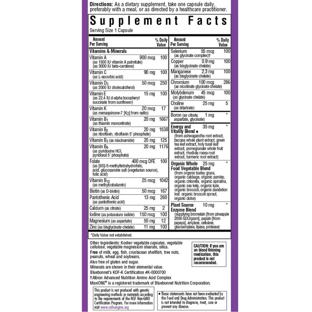 Вітамін Bluebonnet Nutrition Мультивітаміни без заліза, MAXI ONE Iron Free, 30 вегетаріан (BLB0133) зображення 2