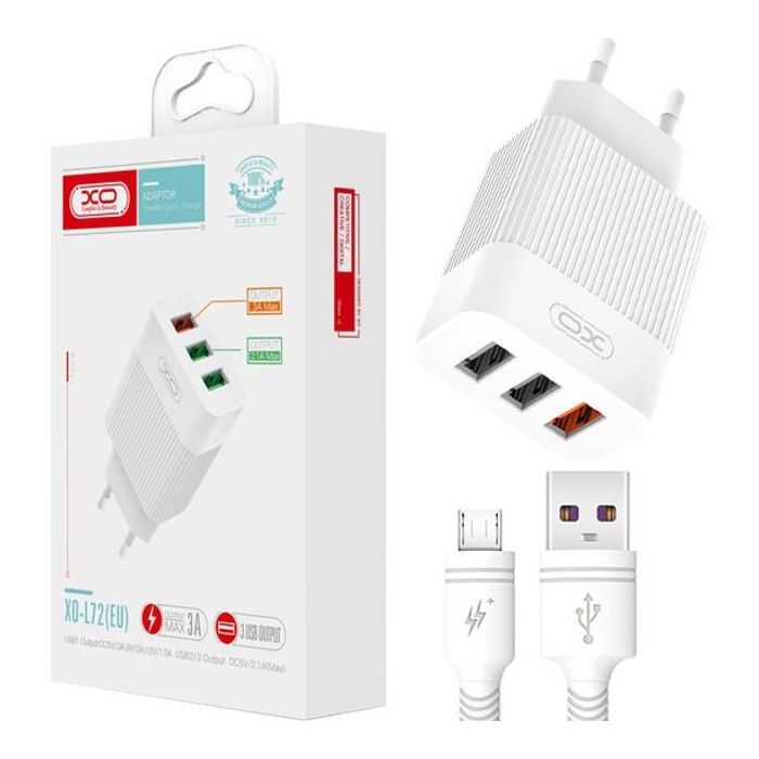 Зарядное устройство XO USB L72 (3A, QC3.0, 3 Usb) + cable Micro USB White (XO-L72-BK) изображение 2