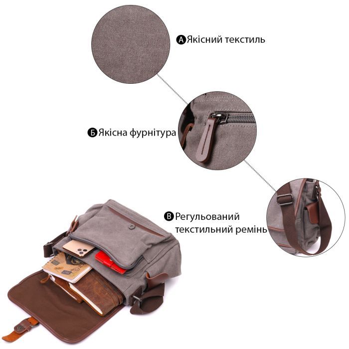 Сумка Vintage Мужская из текстиля Серая (21248) изображение 4