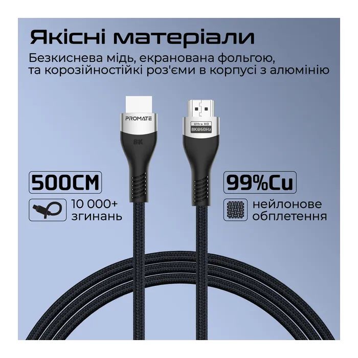Кабель мультимедийный HDMI to HDMI 5.0m v2.1 grey Promate (primelink8k-500.grey) изображение 3