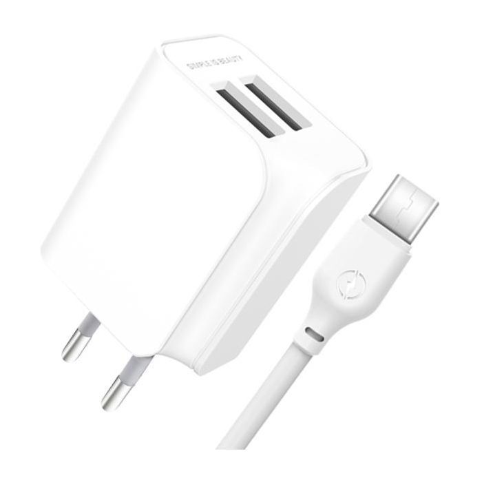 Зарядное устройство XO 2xUSB + cable USB-C white (XO-L35-TC)