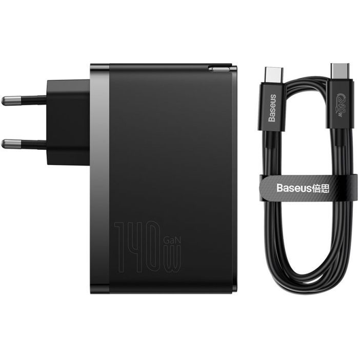 Зарядное устройство Baseus 2xUSB-C 140W + 1xUSB GaN + cable USB-C to USB-C black (CCGP100201) изображение 4