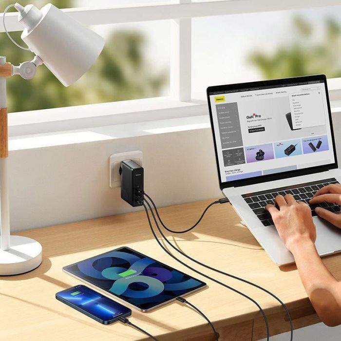 Зарядное устройство Baseus 2xUSB-C 140W + 1xUSB GaN + cable USB-C to USB-C black (CCGP100201) изображение 9