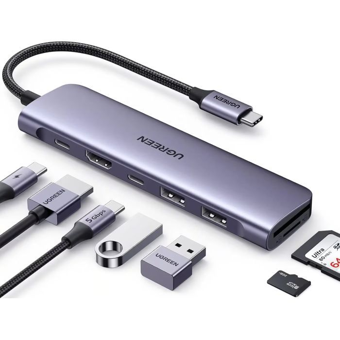Концентратор Ugreen USB-C 7-in-1 2xUSB 3.0 + USB-C PD100W + HDMI 4K30Hz + SD/TF black (15214) изображение 2