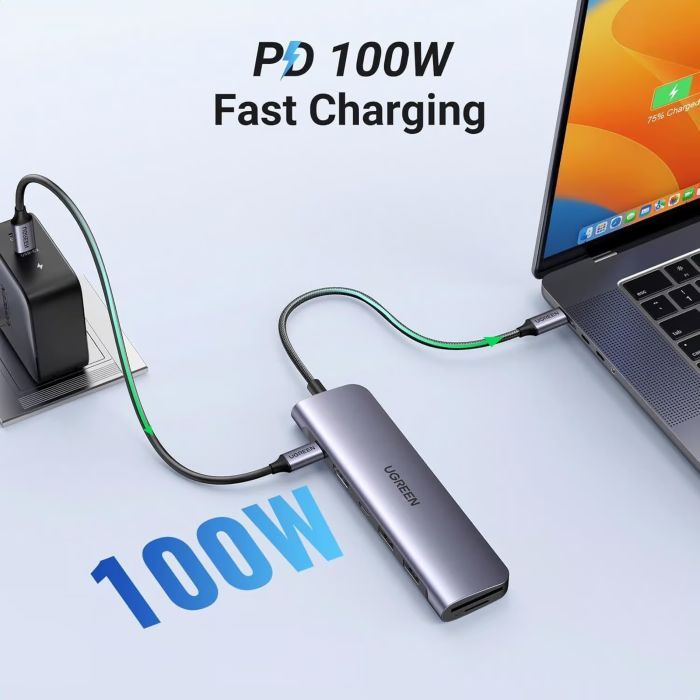 Концентратор Ugreen USB-C 7-in-1 2xUSB 3.0 + USB-C PD100W + HDMI 4K30Hz + SD/TF black (15214) изображение 4