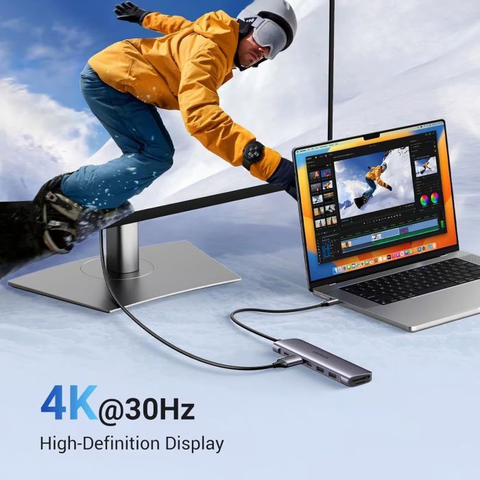 Концентратор Ugreen USB-C 7-in-1 2xUSB 3.0 + USB-C PD100W + HDMI 4K30Hz + SD/TF black (15214) изображение 5