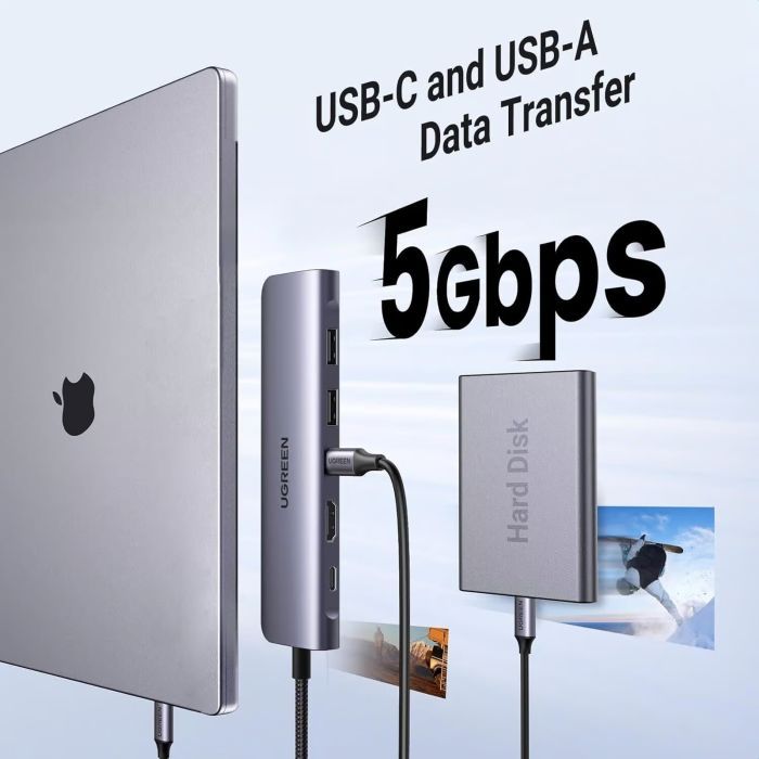 Концентратор Ugreen USB-C 7-in-1 2xUSB 3.0 + USB-C PD100W + HDMI 4K30Hz + SD/TF black (15214) изображение 6