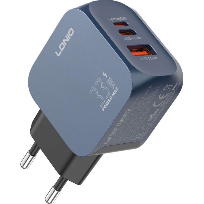 Зарядное устройство LDNIO 1xUSB-C PD33W + 1xLightning + 1xUSB GaN (Q5)
