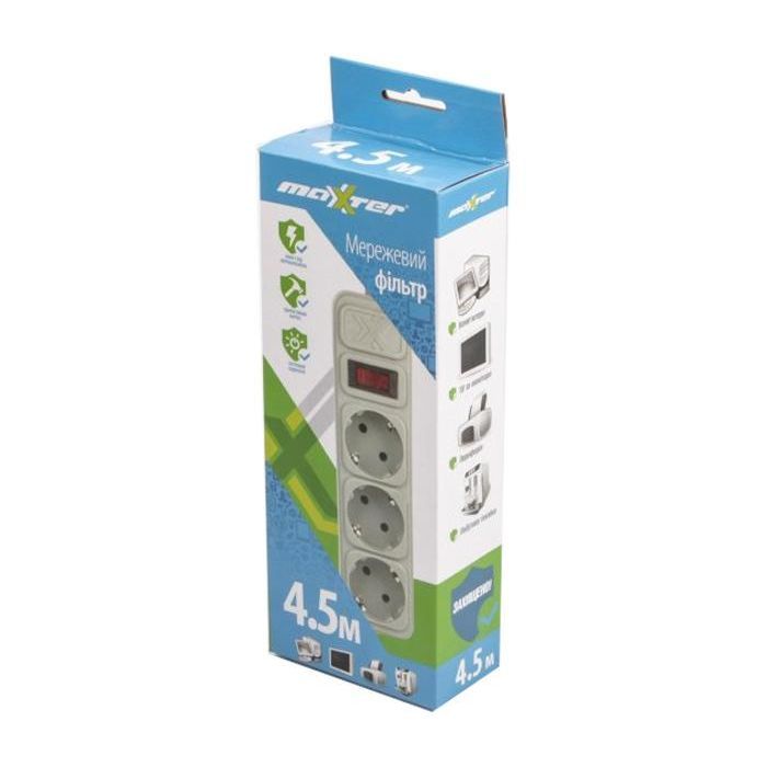 Сетевой фильтр питания Maxxter SPM3-G-15G grey, 4.5 м кабель, 3 розетки (SPM3-G-15G) изображение 2