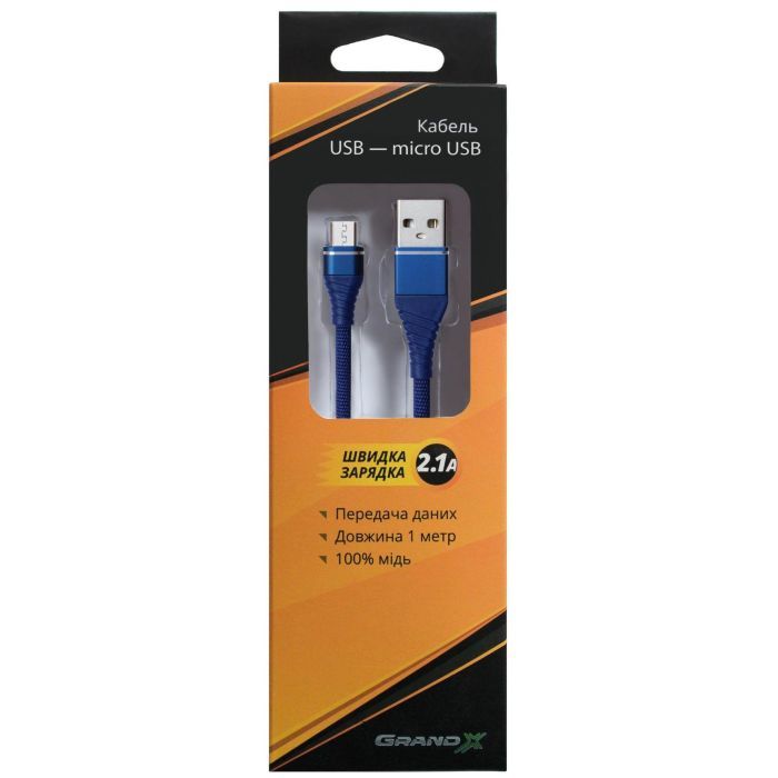 Дата кабель USB 2.0 AM to Micro 5P 1.2m 2A Blue Grand-X (NM012BL) зображення 2