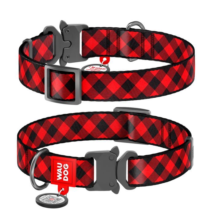 Ошейник для животных WAUDOG Nylon с QR паспортом "Шотландка красная" металлическая пряжка-фастекс XL (5087)