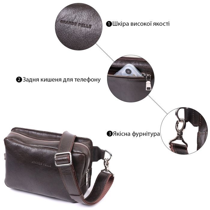 Сумка Grande Pelle Бананка из натуральной кожи Коричневая (22575) изображение 3