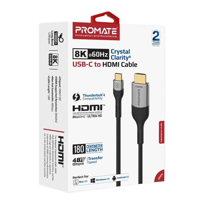 Кабель мультимедийный USB-C to HDMI 1.8m grey Promate (mediacord-8k.grey) изображение 2
