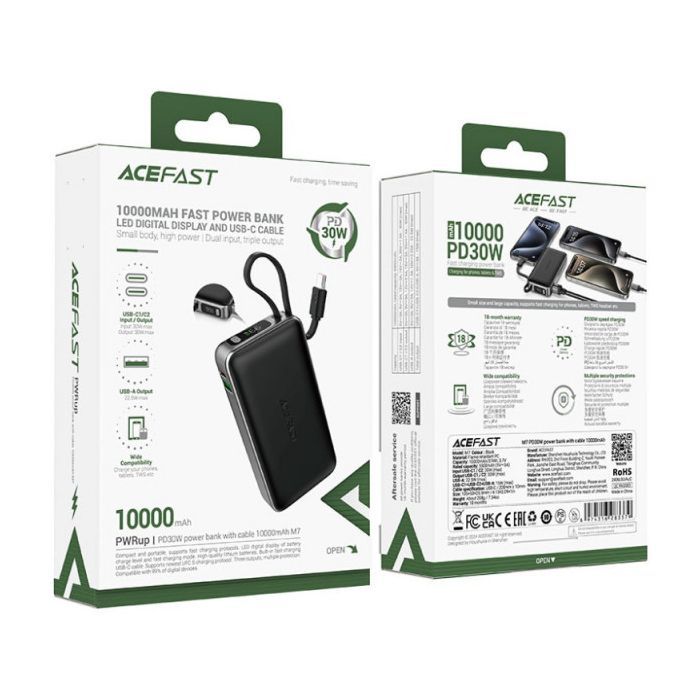 Батарея универсальная Acefast 10000mAh 30W PD, USB-C witch cable, USB-A, Li-Pol, M7 Black (6974316283379) изображение 4