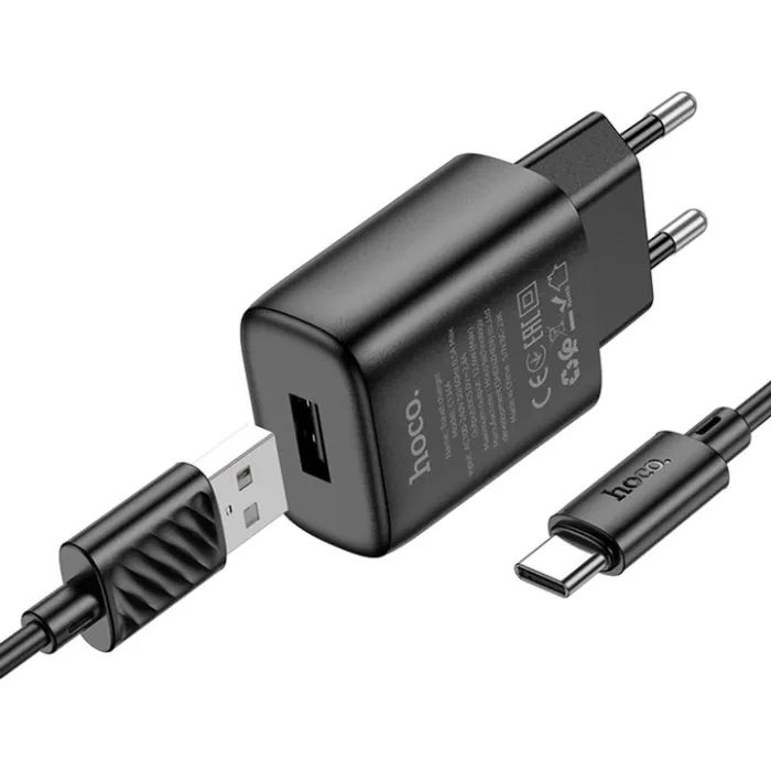 Зарядное устройство HOCO C134A USB + cable USB to USB-C 2.4A black (6942007621359) изображение 2