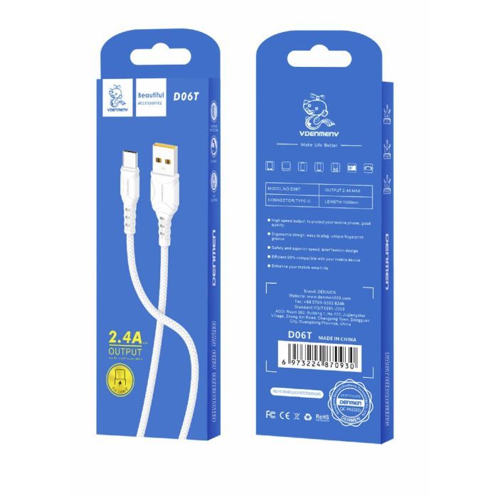 Дата кабель USB 2.0 AM to USB-C 1.0m 2.4A silicone white Denmen (DM-D06T-WH) изображение 3