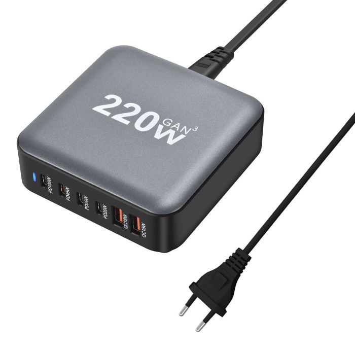 Зарядное устройство XoKo 1xUSB-С PD100W + 1xUSB-С PD45W + 2xUSB-С PD20W + 2xUSB QC18W 220W GaN (QC-220) изображение 3