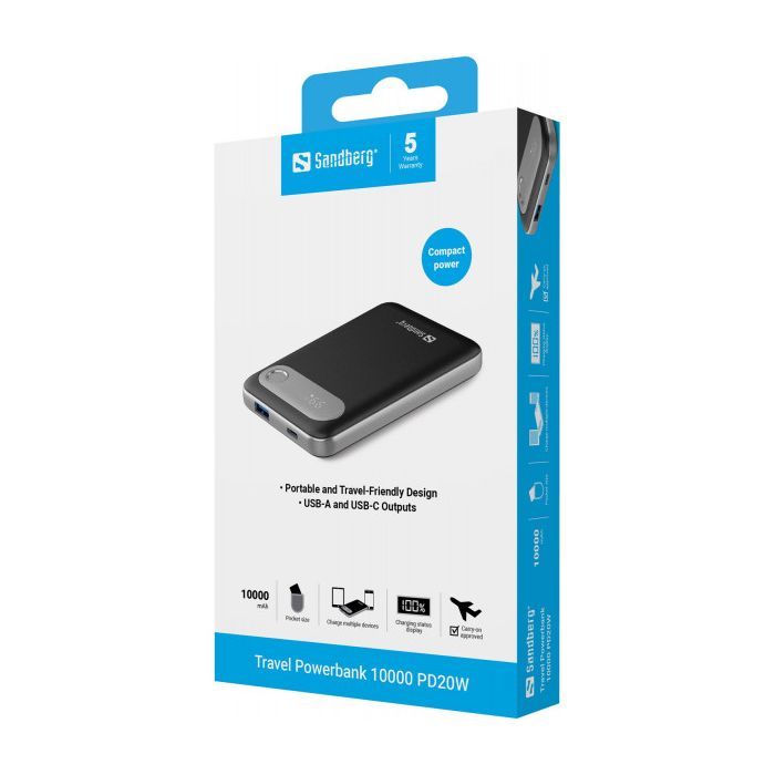 Батарея універсальна Sandberg 10000mAh Travel PD/20W, QC/3.0/22.5W, USB-A, USB-C, LCD Display (421-16) зображення 2