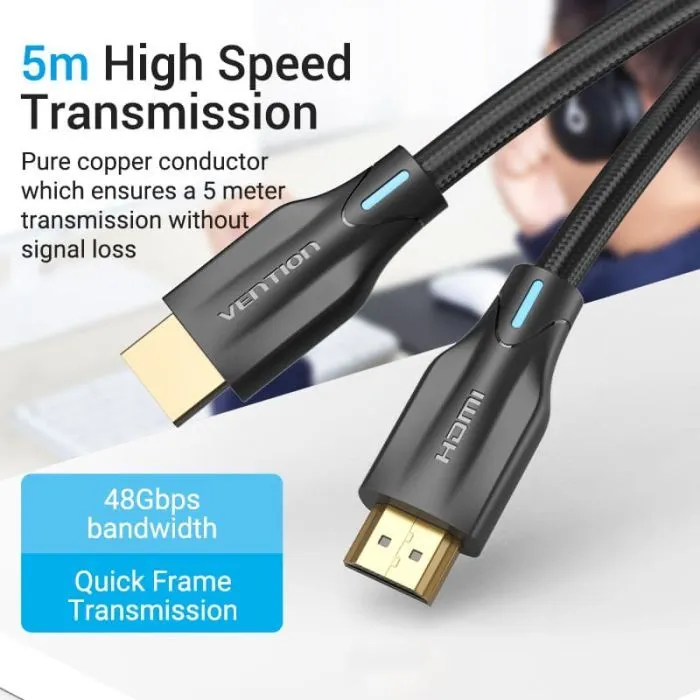 Кабель мультимедийный HDMI M to HDMI M 1.5m 8K60Hz cotton braided black Vention (AAUBG) изображение 4
