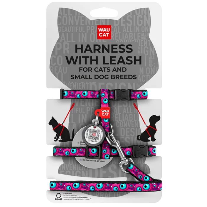 Шлей для кошек Waucat Nylon с QR паспортом "Глаз монстра" пластиковый фастекс (329-4049)
