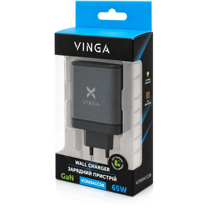 Зарядний пристрій Vinga 2xUSB-C + USB-A Display 65W (VCR65ACCDB) зображення 10