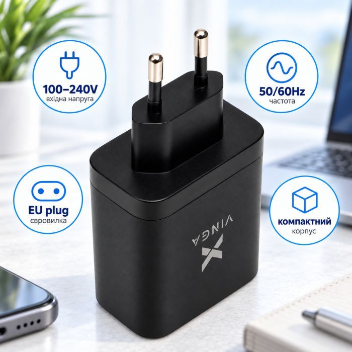 Зарядний пристрій Vinga 2xUSB-C + USB-A Display 65W (VCR65ACCDB) зображення 2