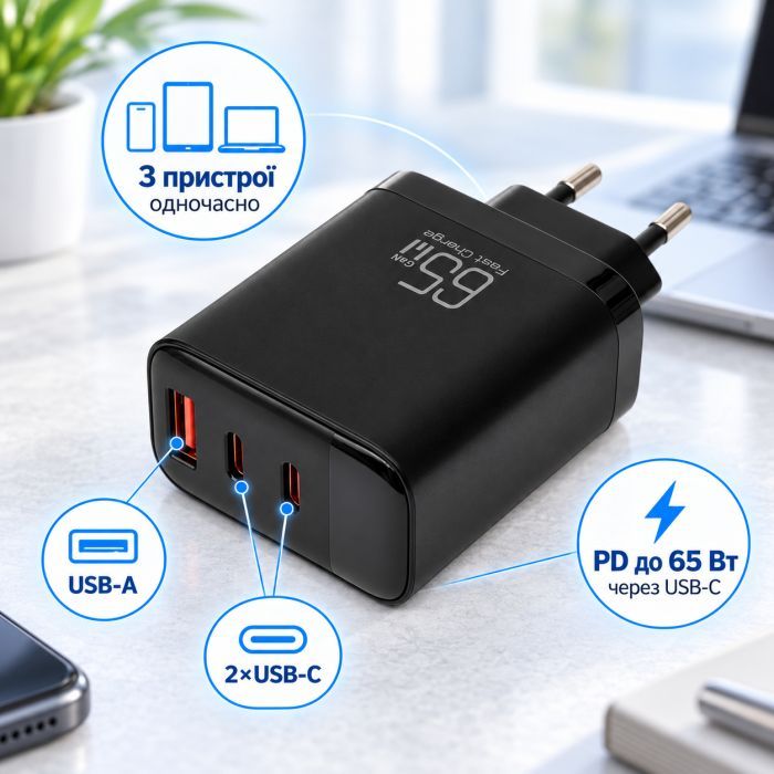 Зарядний пристрій Vinga 2xUSB-C + USB-A Display 65W (VCR65ACCDB) зображення 3