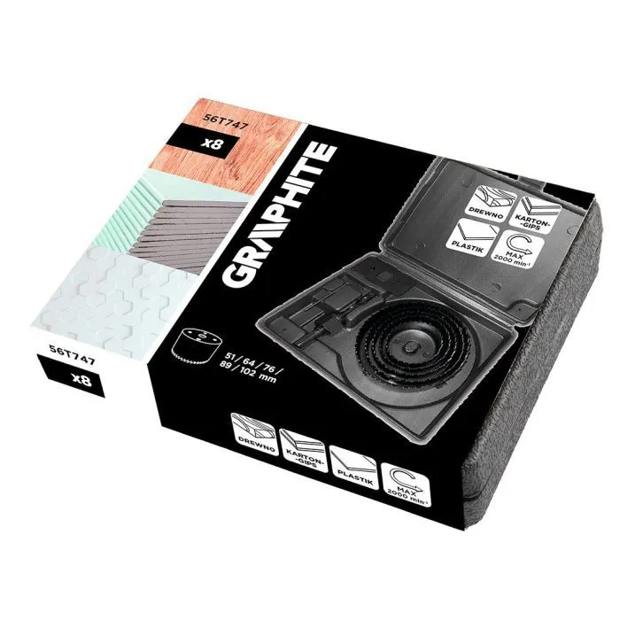 Коронка Graphite по дереву, 51,64,76,89,102мм, адаптер, кейс, 8шт (56T747) изображение 8