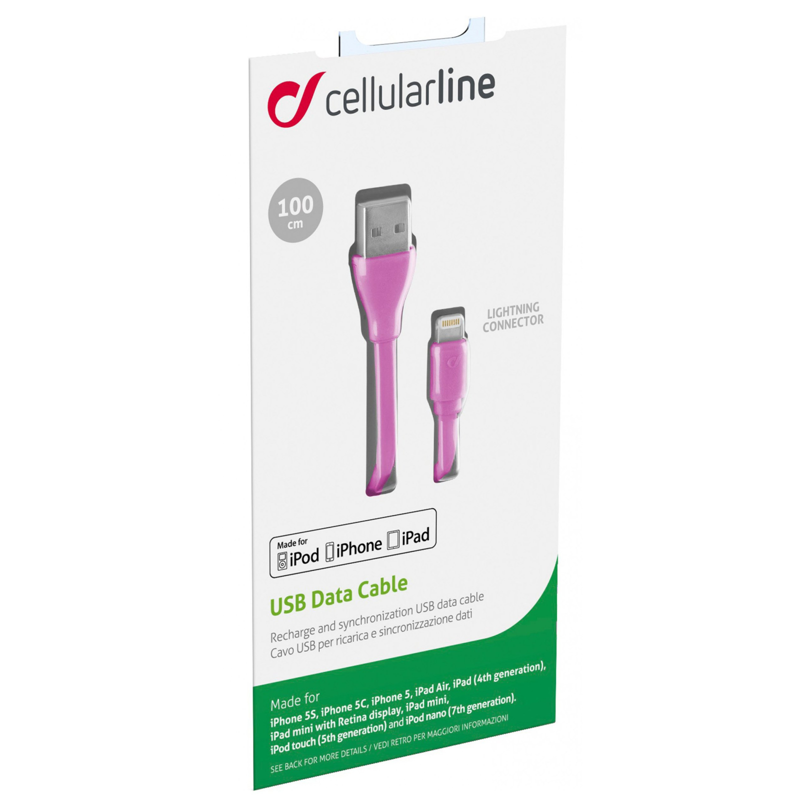 Дата кабель USB 2.0 AM to Lightning 1.0m pink Cellularline (USBDATACFLMFIIPH5P) изображение 3