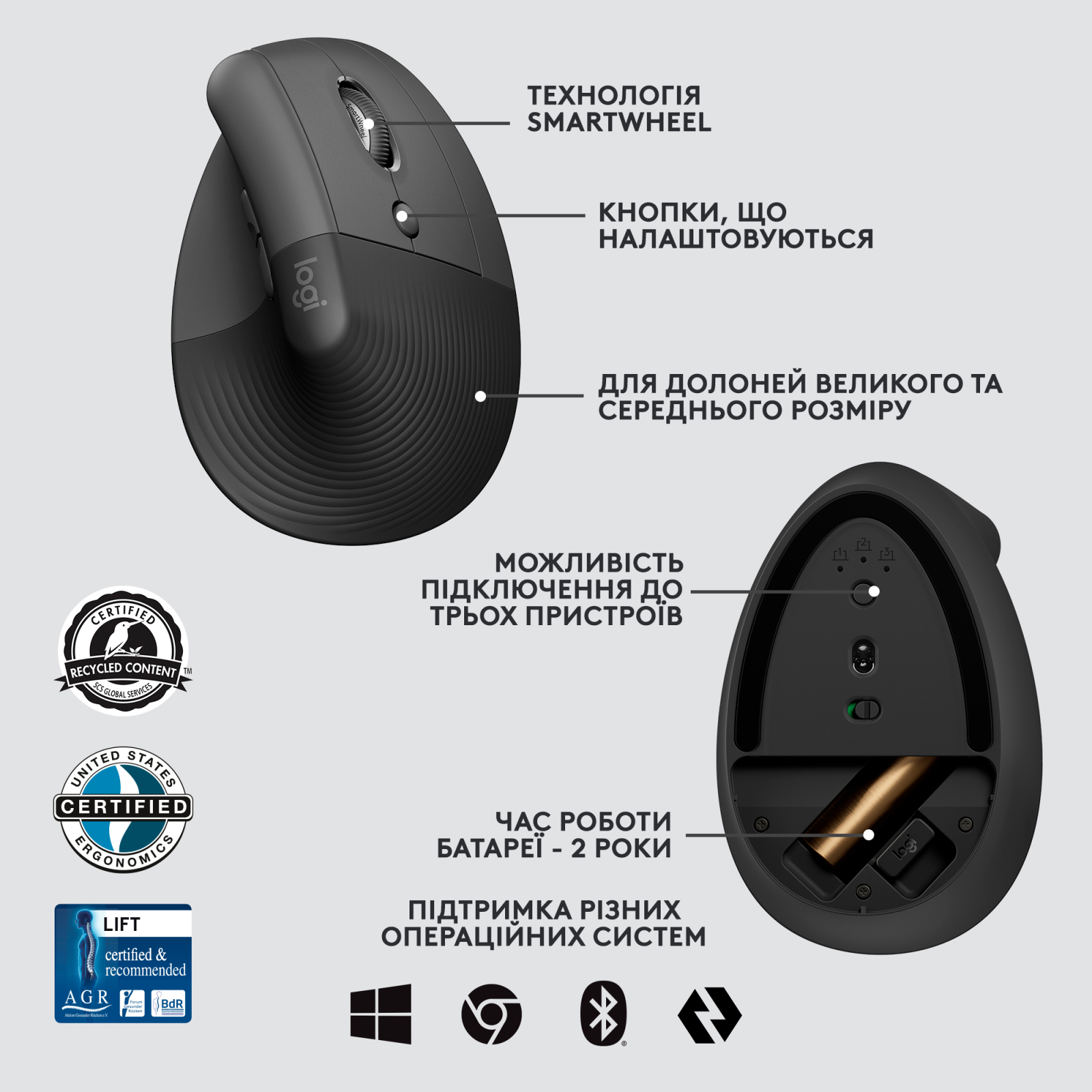 Мышка Logitech Lift Vertical Ergonomic Wireless/Bluetooth for Business Off-white (910-006496) изображение 6
