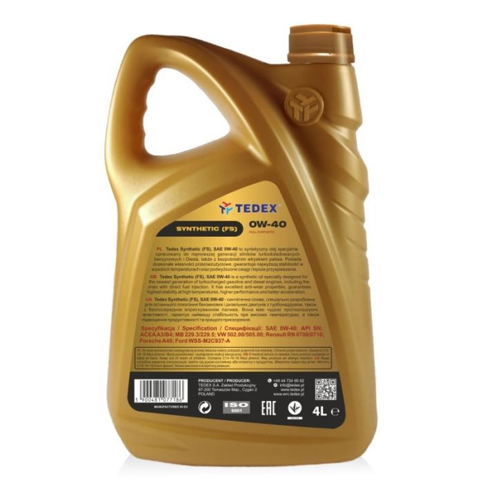 Моторное масло TEDEX SYNTHETIC (FS) MOTOR OIL 0W40 4л изображение 2