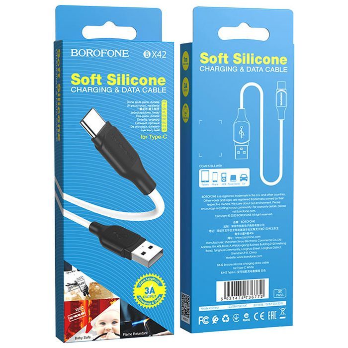 Дата кабель USB 2.0 AM to USB-C 1.0m 3A silicone BX42 black BOROFONE (6931474736765) изображение 3