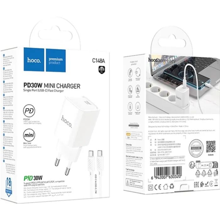 Зарядное устройство HOCO C148A USB-C PD30W + cable USB-C to USB-C white (6942007630320) изображение 2