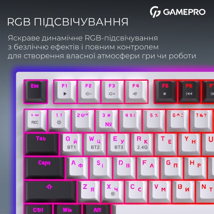 Клавиатура GamePro Asgard Valhalla Pro QLAB Sakura Switch RGB Bluetooth/Wireless/USB-C UA White (MK160-W-D-QS-PRO) изображение 15
