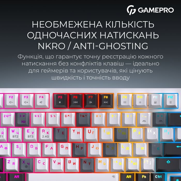 Клавиатура GamePro Asgard Valhalla Pro QLAB Sakura Switch RGB Bluetooth/Wireless/USB-C UA White (MK160-W-D-QS-PRO) изображение 17