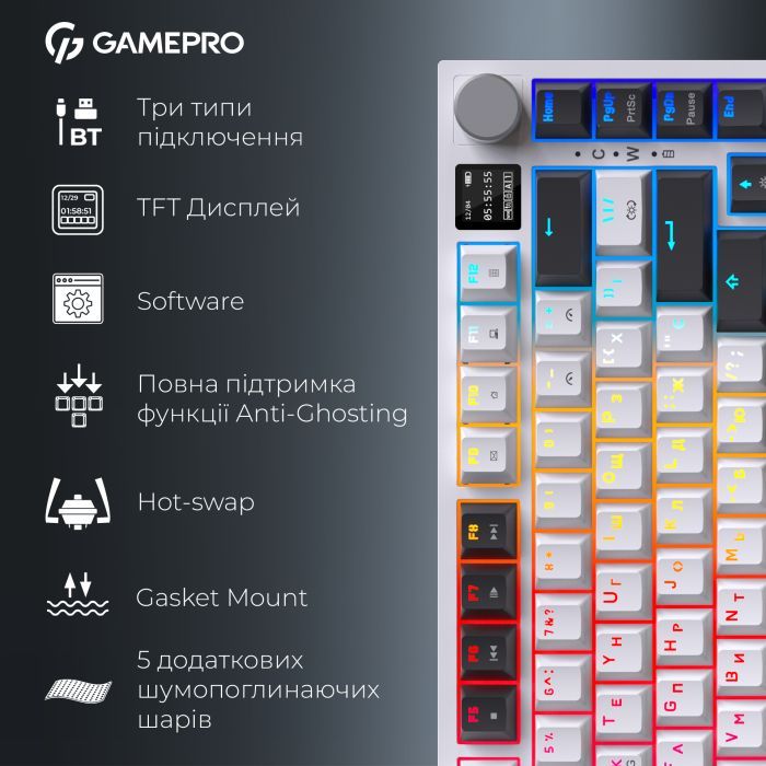 Клавиатура GamePro Asgard Valhalla Pro QLAB Sakura Switch RGB Bluetooth/Wireless/USB-C UA White (MK160-W-D-QS-PRO) изображение 18