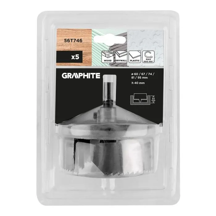 Коронка Graphite по дереву, 60,67,74,81,95мм, 5шт (56T746) изображение 6