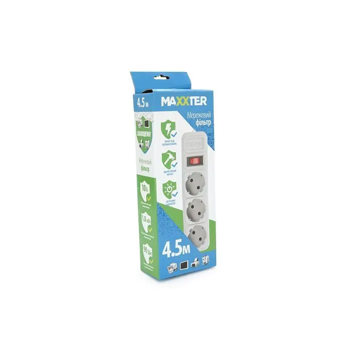 Сетевой фильтр питания Maxxter MSP3-G-15G, 3 роз, 4.5 м, Gray (MSP3-G-15G) изображение 2