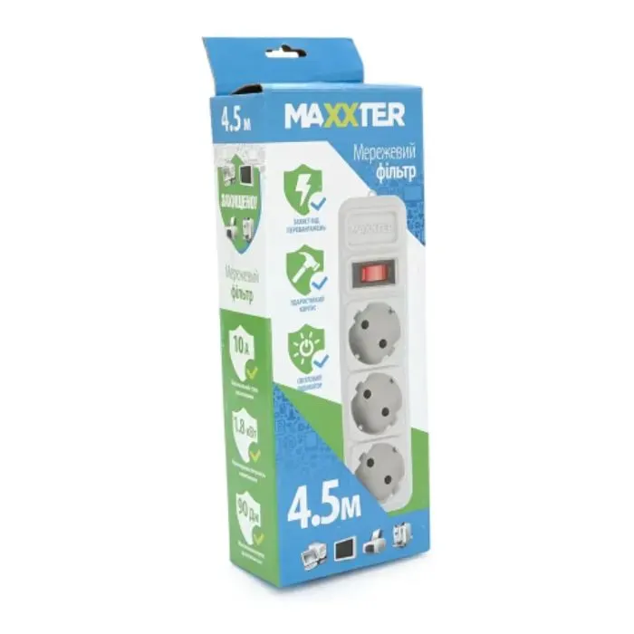 Сетевой фильтр питания Maxxter MSP3-G-15G, 3 роз, 4.5 м, Gray (MSP3-G-15G) изображение 3