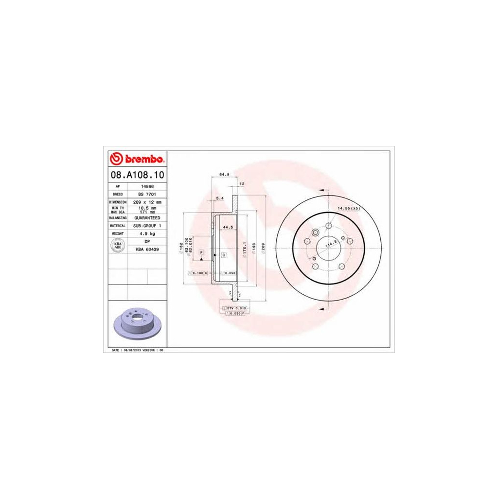 Тормозной диск Brembo 08.A108.10 изображение 2