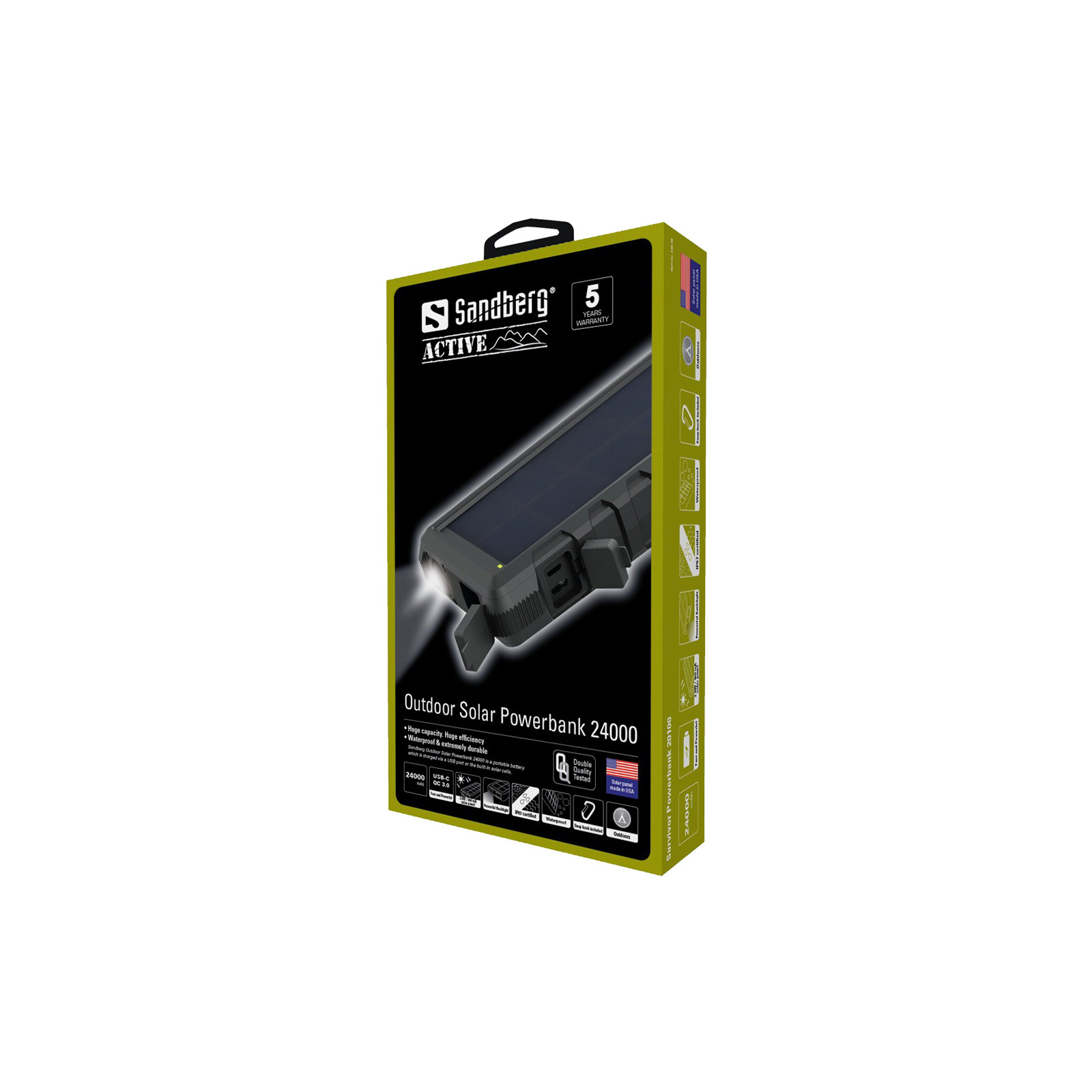 Батарея универсальная Sandberg 24000mAh, Outdoor, Solar panel:2W/400mA, flashlight, QC/3.0, USB-C, USB-A (420-38) изображение 5