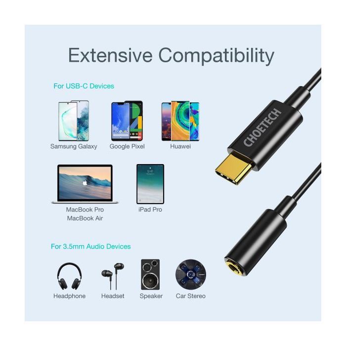 Переходник USB-C to 3.5mm F stereo-audio (CDLA) Choetech (AUX003-BK) изображение 5