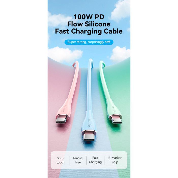 Дата кабель USB-C to USB-C 1.0m USB2.0 100W (20V/5A) Light Blue Silicone Vention (TAWSF) изображение 3