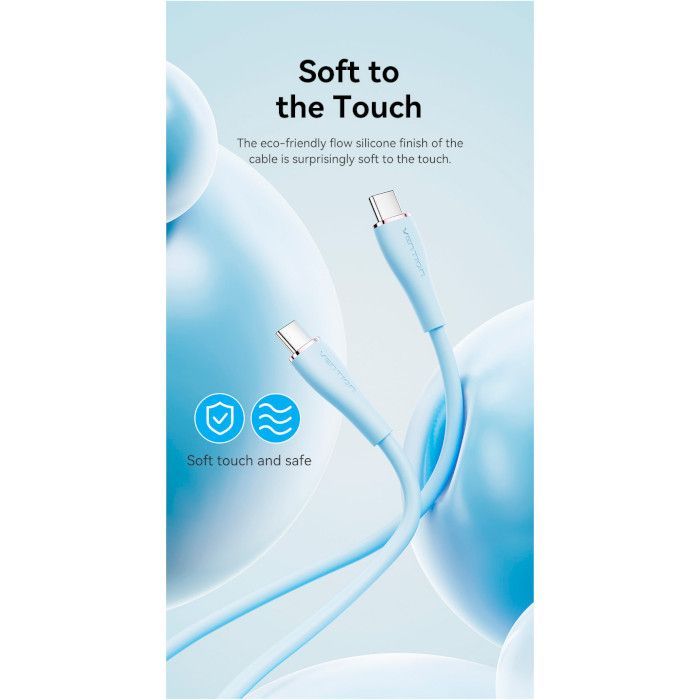 Дата кабель USB-C to USB-C 1.0m USB2.0 100W (20V/5A) Light Blue Silicone Vention (TAWSF) изображение 5